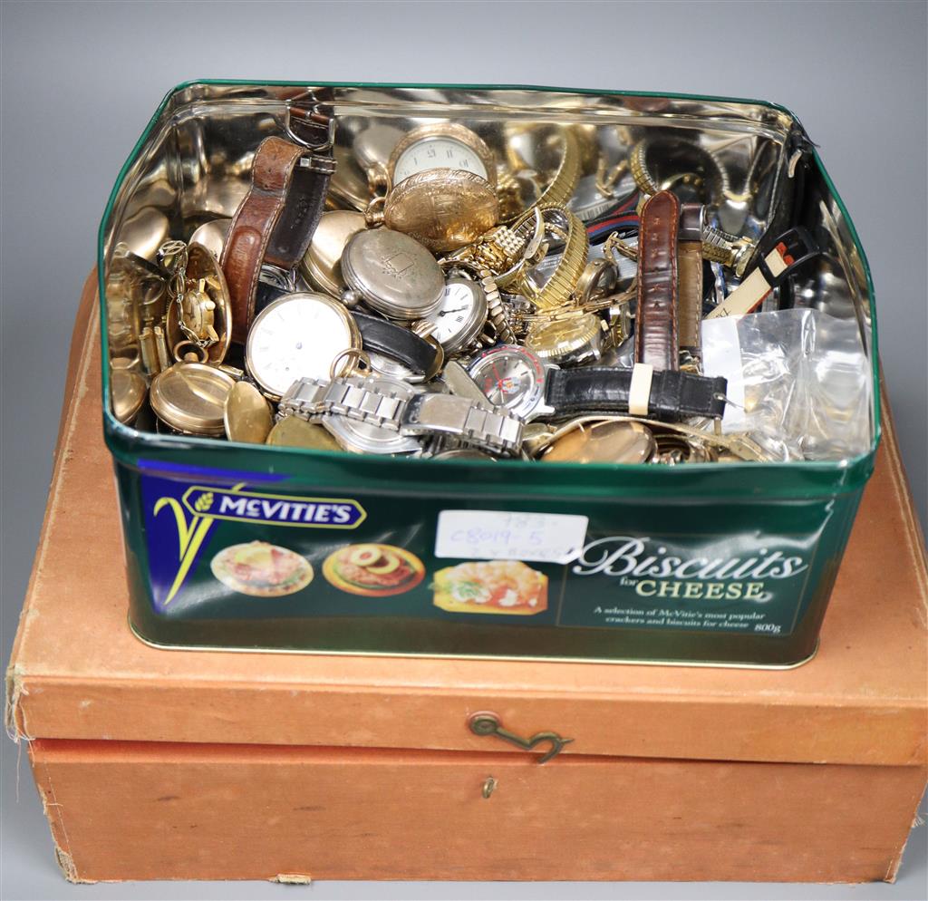 A large collection of wrist and pocket watches including gold plated, silver etc.), including parts and movements.